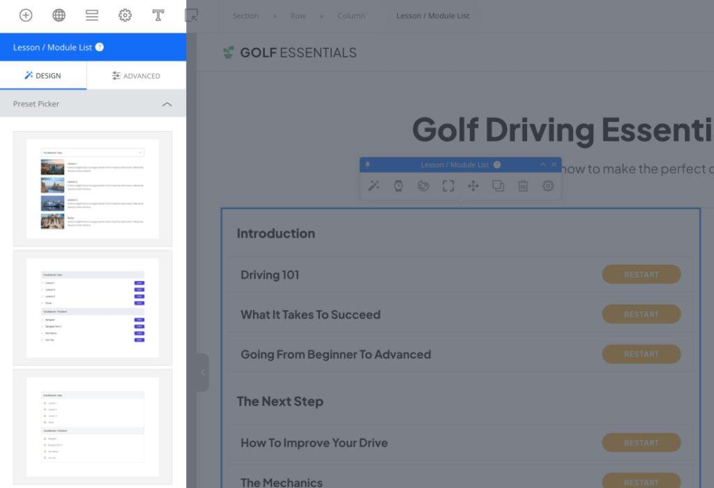 Lesson & Module List Preset Lesson & Module List Preset
