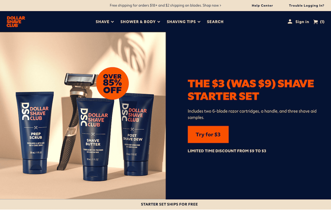 Dollar Shave Club Ecommerce Landing Page