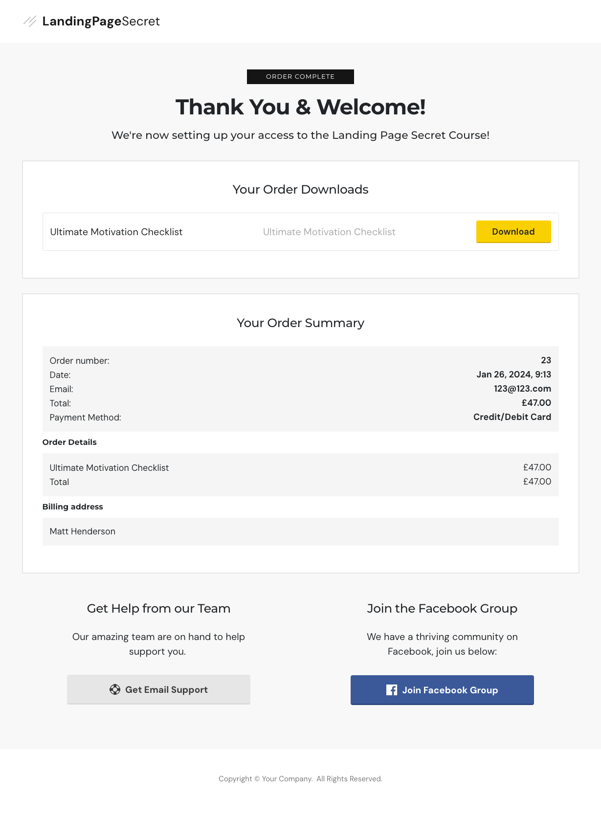 LandingPageSecret Order Summary