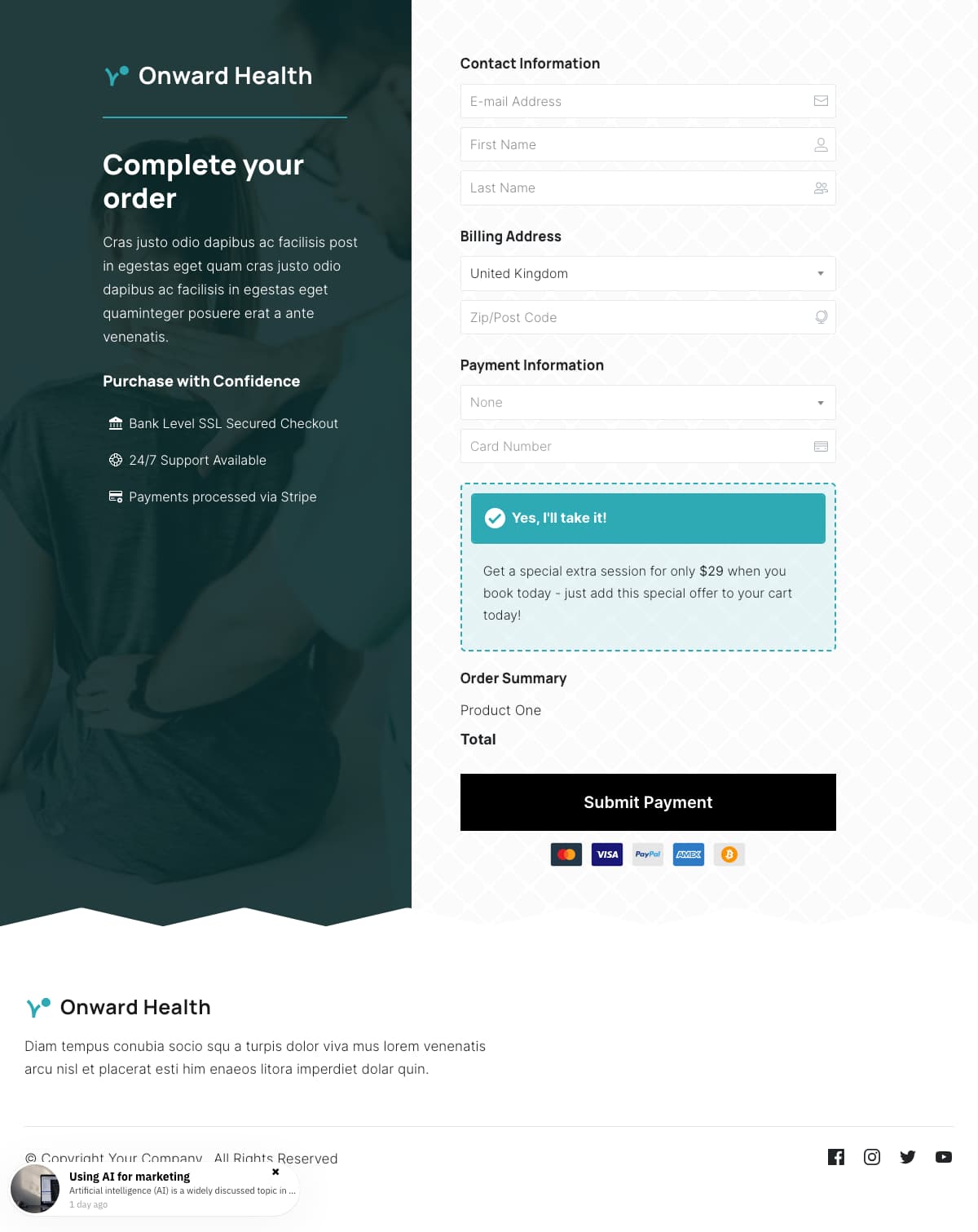 Onward Business Checkout Page