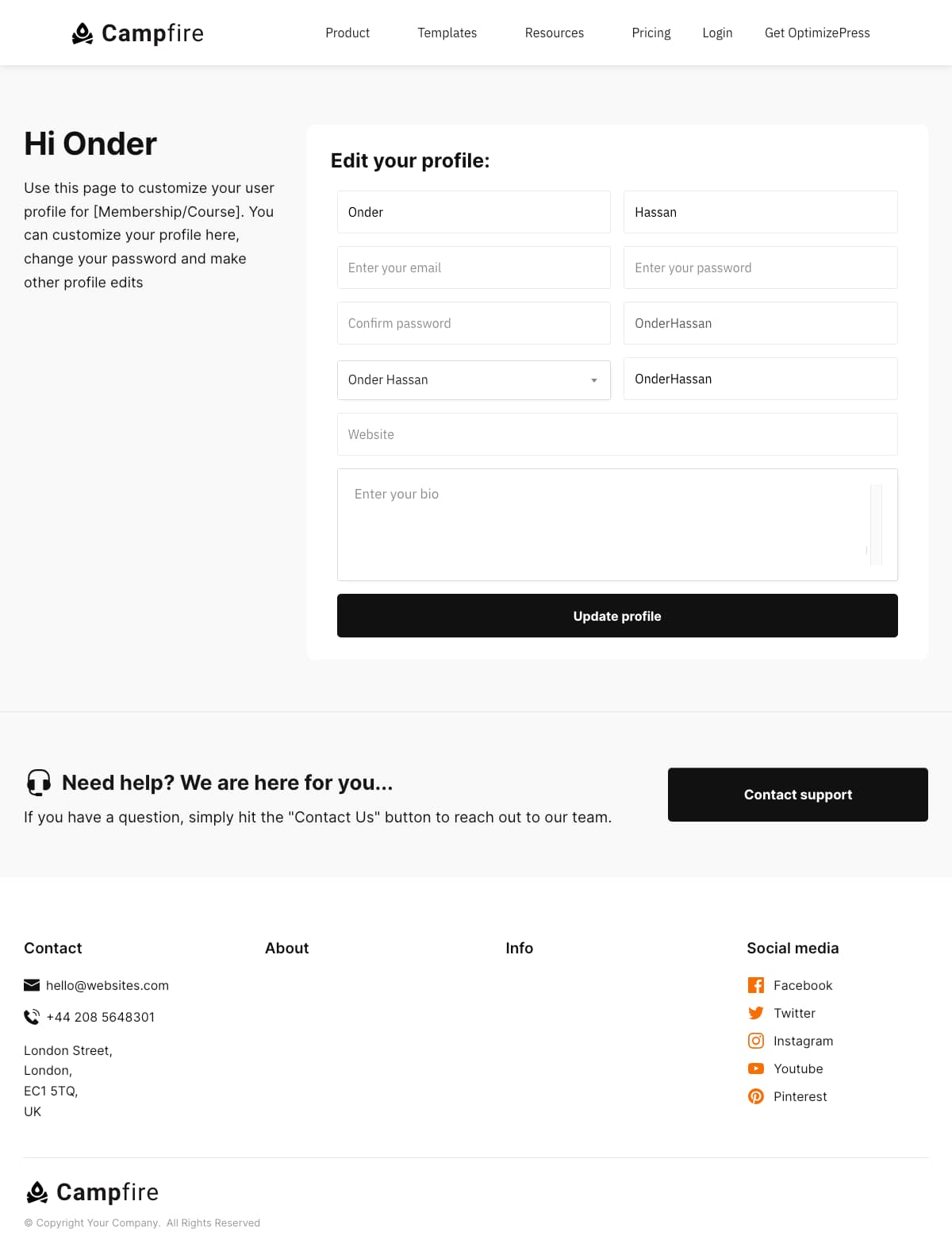 Campfire User Profile Page