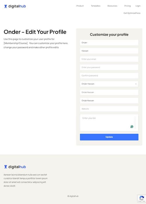 DigitalHub User Profile Edit Page