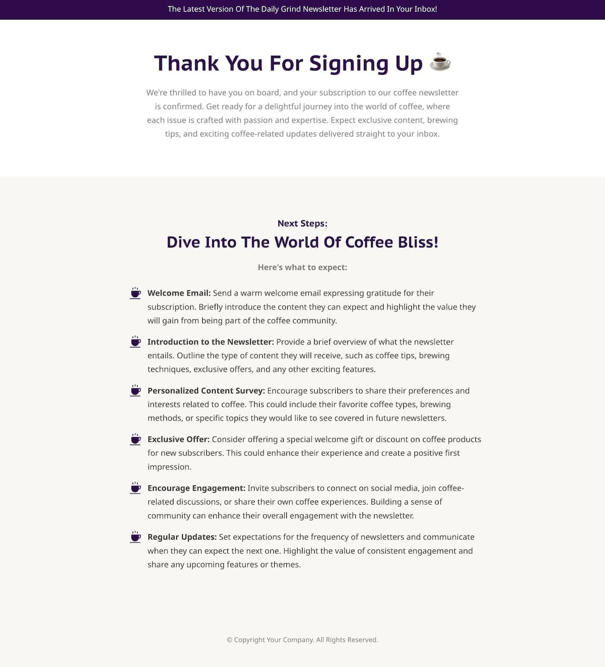 Coffee Newsletter Thank You Page
