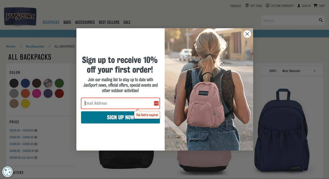 Exit Intent Popup Examples - Jansport