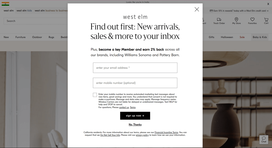 Exit Intent Popup Examples - West Elm