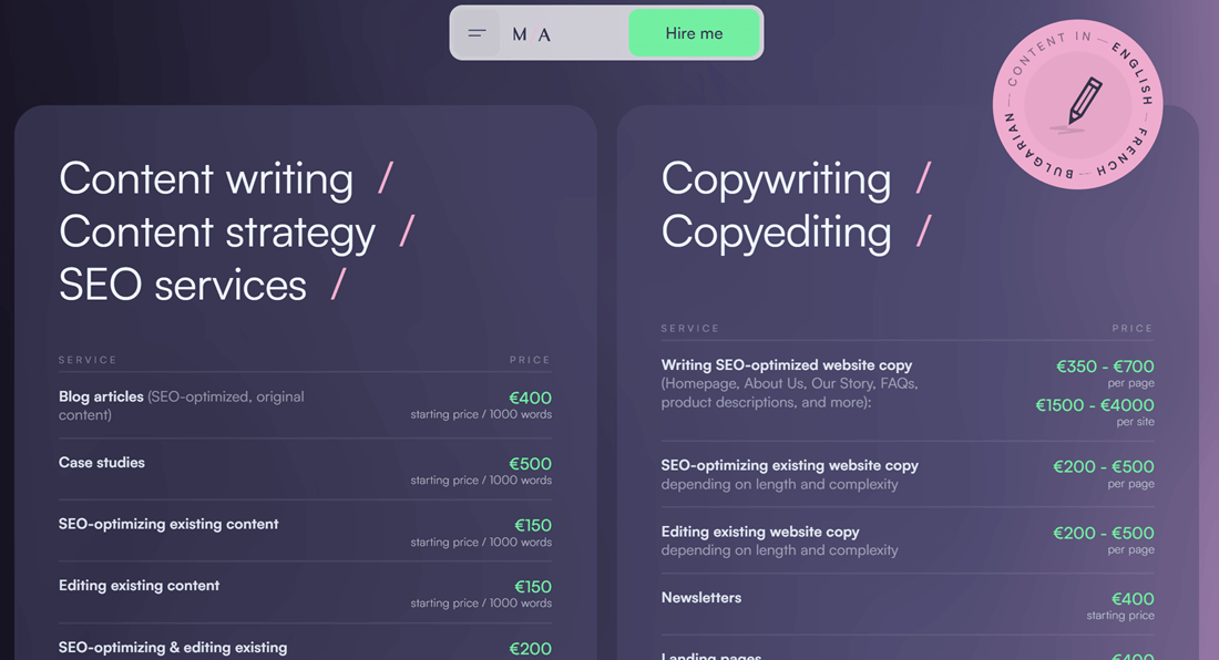 Pricing page - Milena Pricing page - Milena