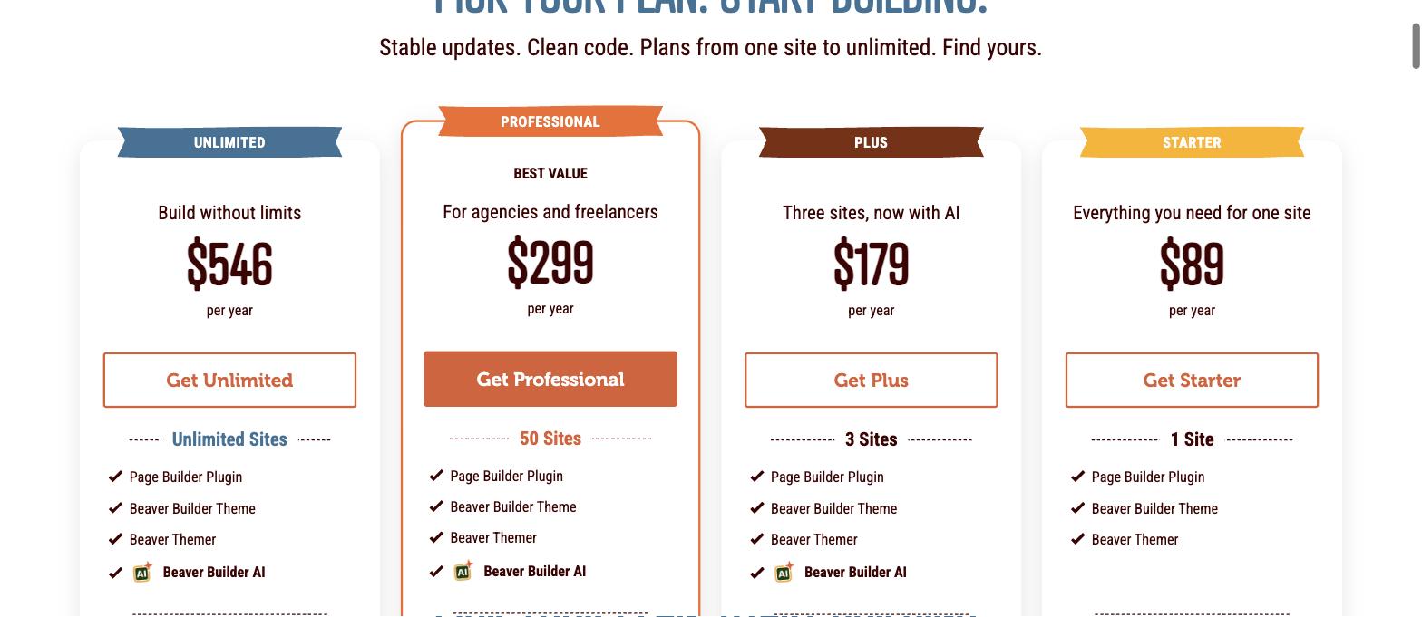 Beaver Builder pricing plans from Starter to Unlimited Beaver Builder pricing plans from Starter to Unlimited