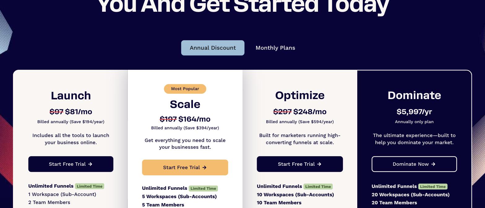 ClickFunnels pricing: Launch, Scale, Optimize and Dominate plans ClickFunnels pricing: Launch, Scale, Optimize and Dominate plans
