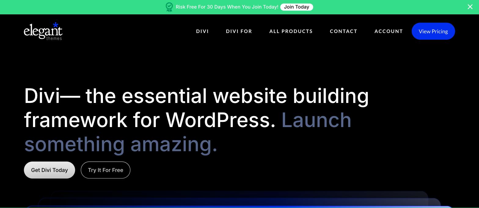 Divi homepage on the Elegant Themes website Divi homepage on the Elegant Themes website