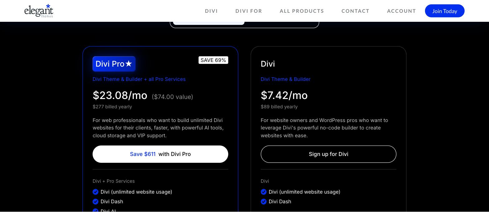 Divi pricing plans on the Elegant Themes join page Divi pricing plans on the Elegant Themes join page
