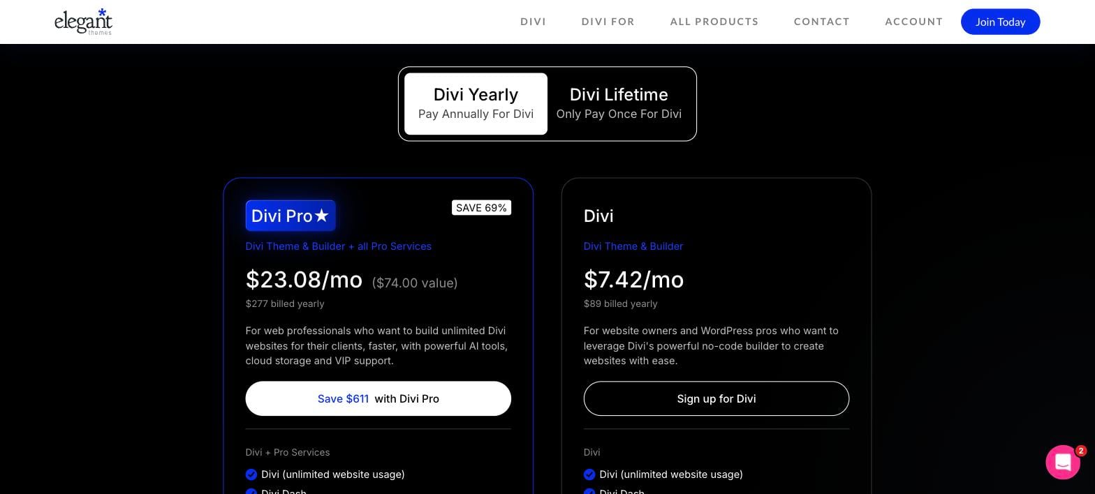 Divi pricing: Divi at $89 per year and Divi Pro at $277 per year Divi pricing: Divi at $89 per year and Divi Pro at $277 per year