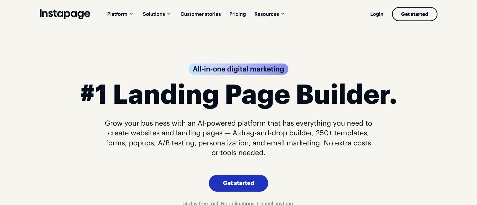 Instapage homepage describing its AI-powered landing page builder Instapage homepage describing its AI-powered landing page builder