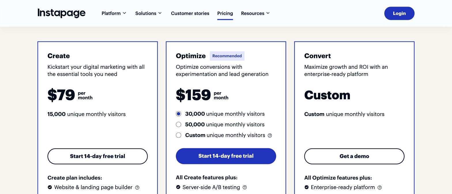 Instapage pricing: Create $79, Optimize $159 per month billed annually, and Convert custom Instapage pricing: Create $79, Optimize $159 per month billed annually, and Convert custom
