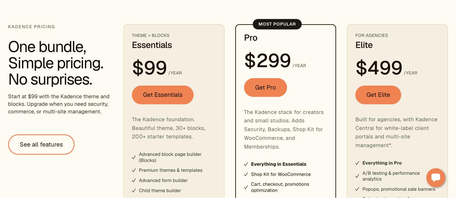 Kadence pricing showing Essentials, Pro and Elite plans Kadence pricing showing Essentials, Pro and Elite plans