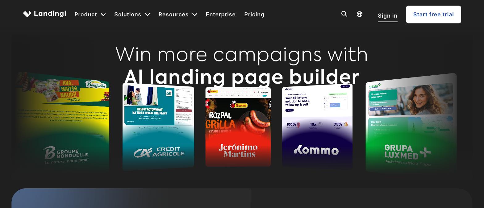 Landingi AI landing page builder homepage with example landing pages Landingi AI landing page builder homepage with example landing pages
