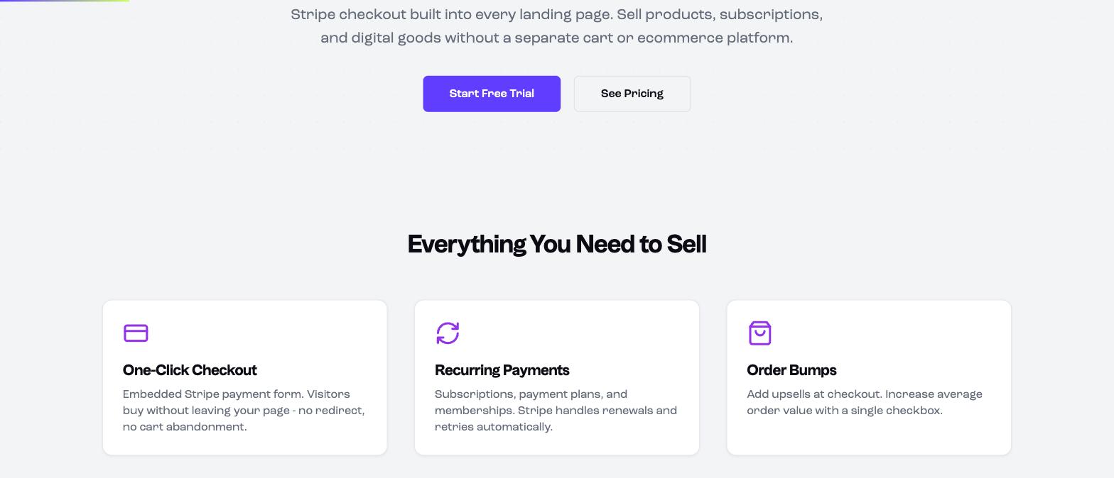 Leadpages Checkouts page showing Stripe checkout, recurring payments and order bumps Leadpages Checkouts page showing Stripe checkout, recurring payments and order bumps