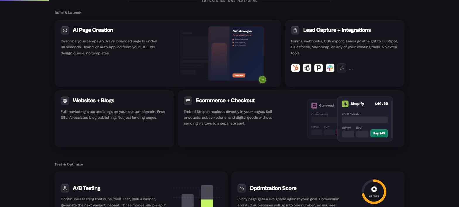 Leadpages features including AI page creation, lead capture and Stripe checkout Leadpages features including AI page creation, lead capture and Stripe checkout