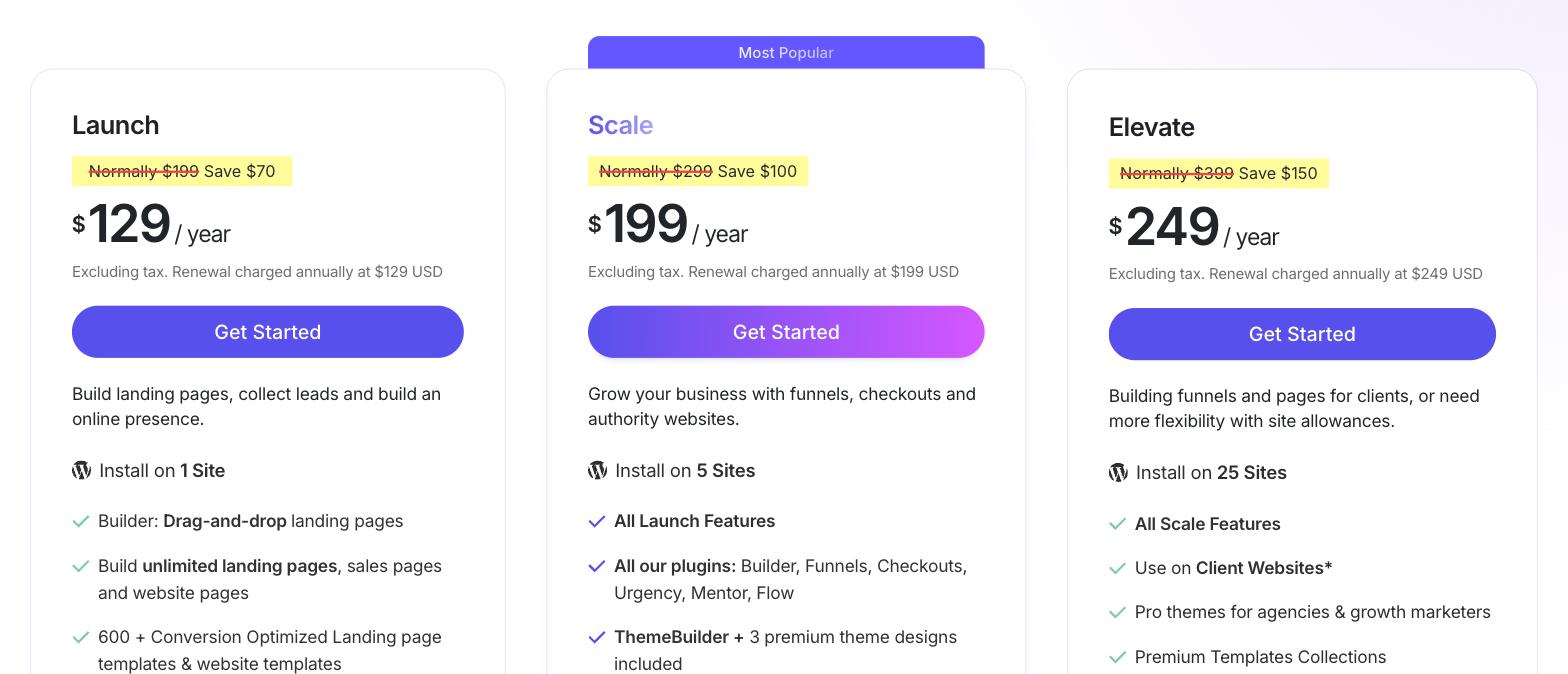 OptimizePress pricing: Launch $129, Scale $199 and Elevate $249 per year OptimizePress pricing: Launch $129, Scale $199 and Elevate $249 per year
