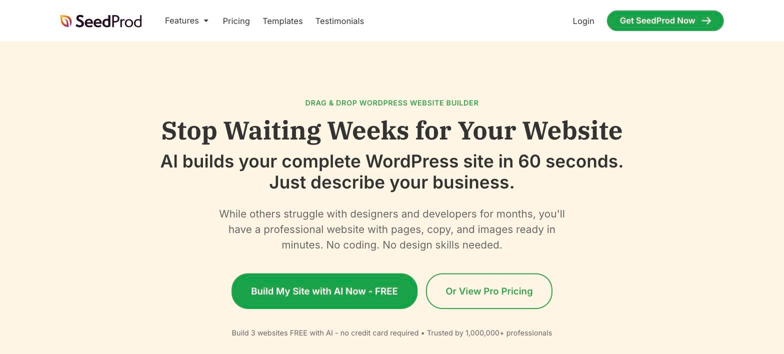 SeedProd homepage showing its AI WordPress website builder SeedProd homepage showing its AI WordPress website builder