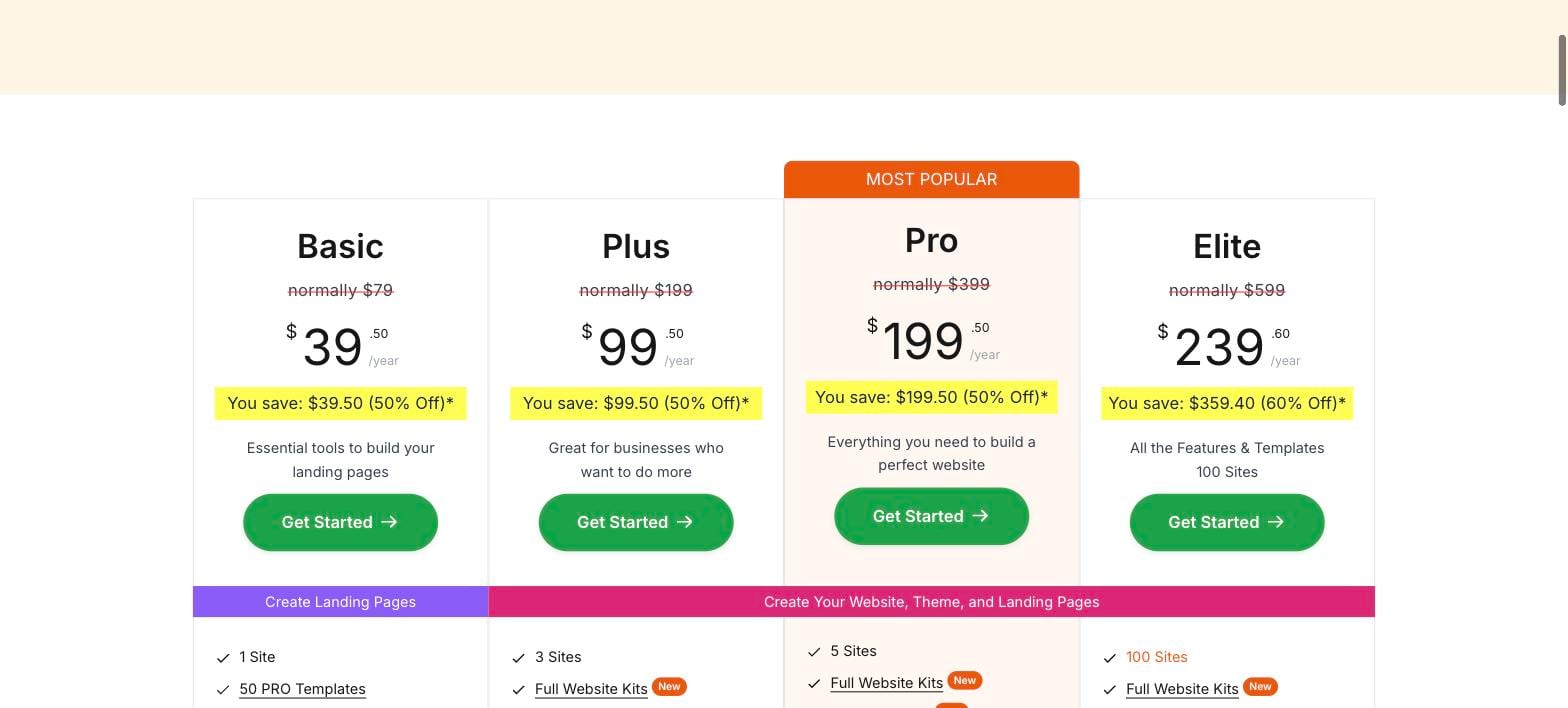 SeedProd pricing plans: Basic, Plus, Pro and Elite with first-year and renewal prices SeedProd pricing plans: Basic, Plus, Pro and Elite with first-year and renewal prices