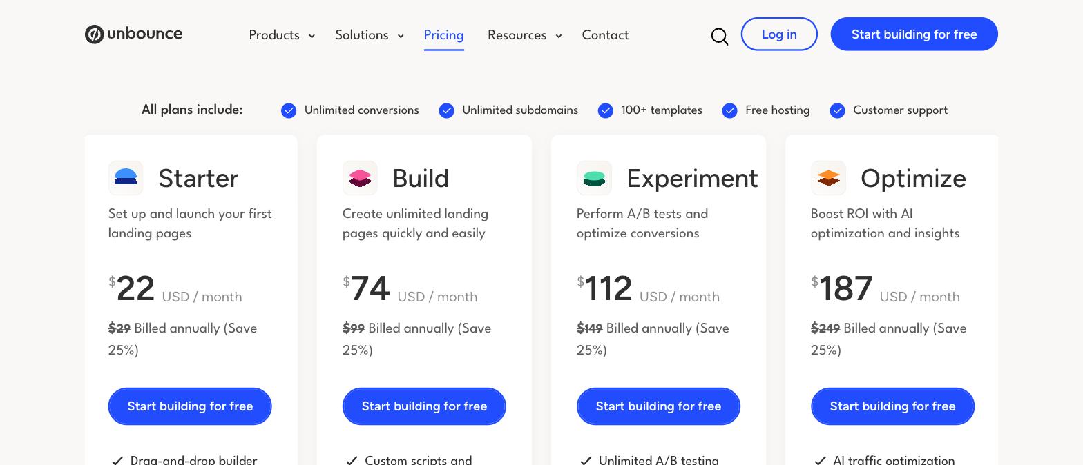 Unbounce pricing: Starter, Build, Experiment and Optimize plans billed annually Unbounce pricing: Starter, Build, Experiment and Optimize plans billed annually