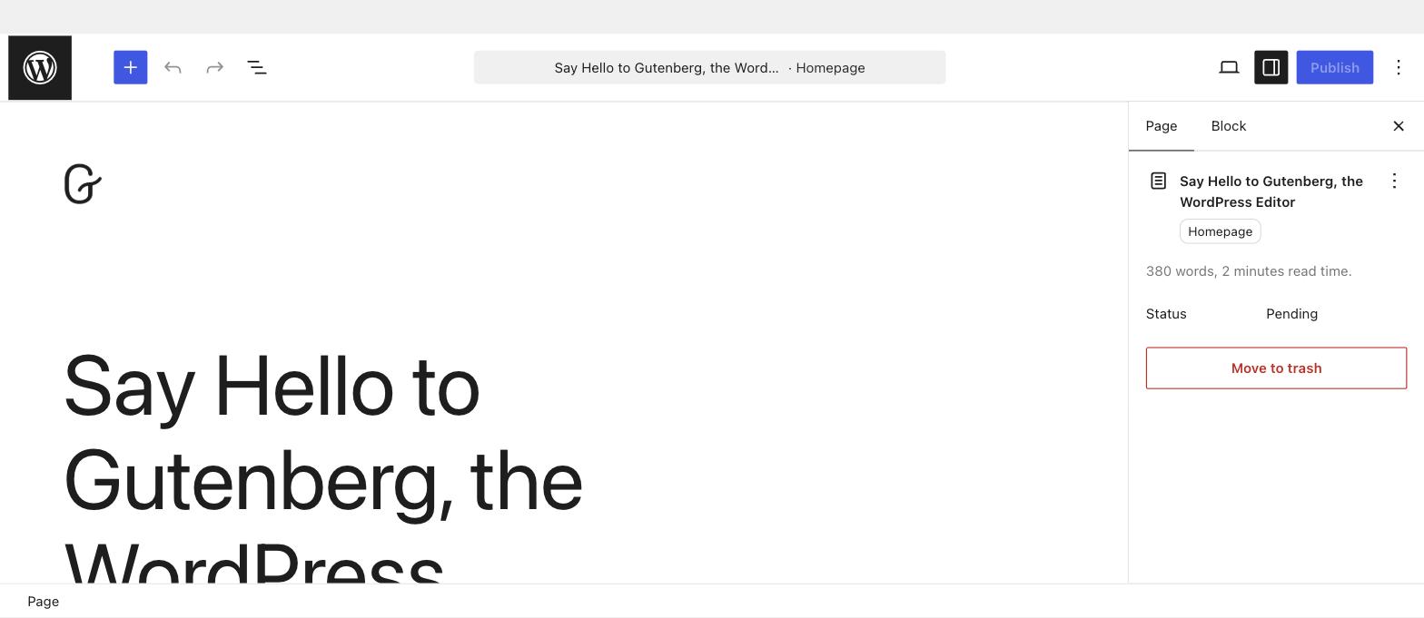 WordPress block editor (Gutenberg) editing a page WordPress block editor (Gutenberg) editing a page
