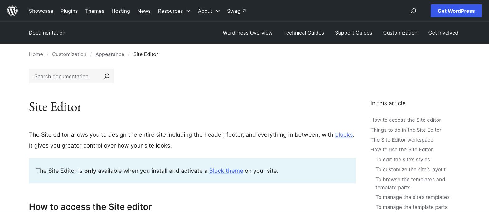 WordPress Site Editor documentation page WordPress Site Editor documentation page